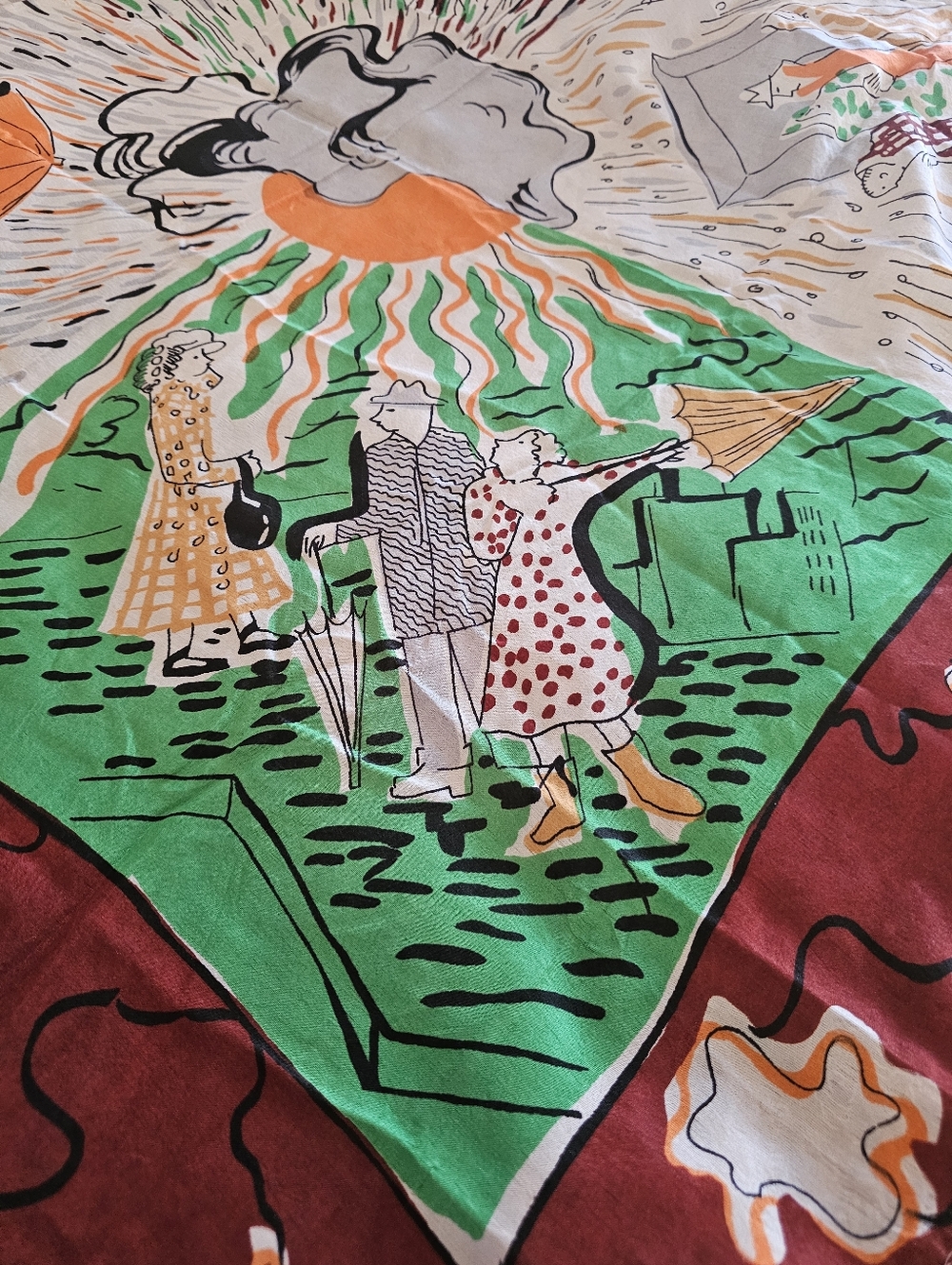 VTG 1950s B.G. Junior Silk Scarf Novelty Umbrella Print Rain or Shine MCM